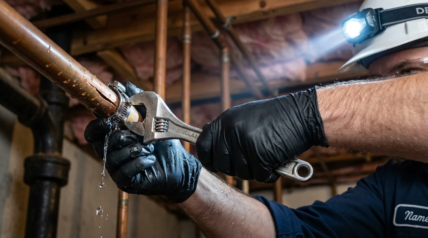 Emergency pipe clamp repair being performed by a Johns Plumbing LLC plumber in Rincon