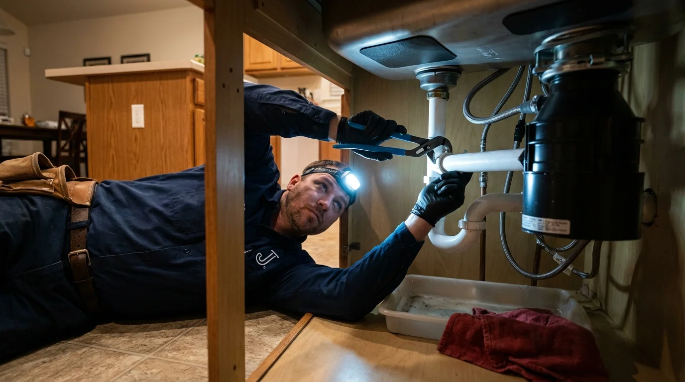 P-trap and supply line connections under a kitchen sink showing a common leak point in Rincon, GA